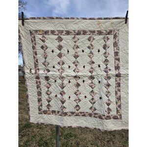 Handmade Floral Print Cotton Hand Quilted Lap Throw Coverlet Baby Quilt Rosettes